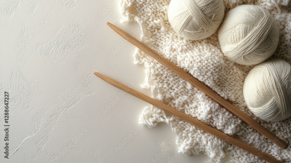 Cozy Knitting Setup with Yarn Balls and Bamboo Needles on Soft Background Cozy Knitting Setup with Yarn Balls and Bamboo Needles on Soft Background
