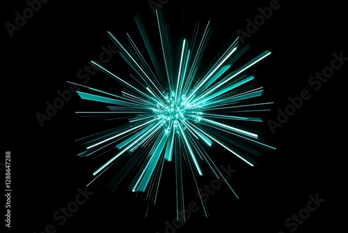 Teal light streaks explode from center on black.