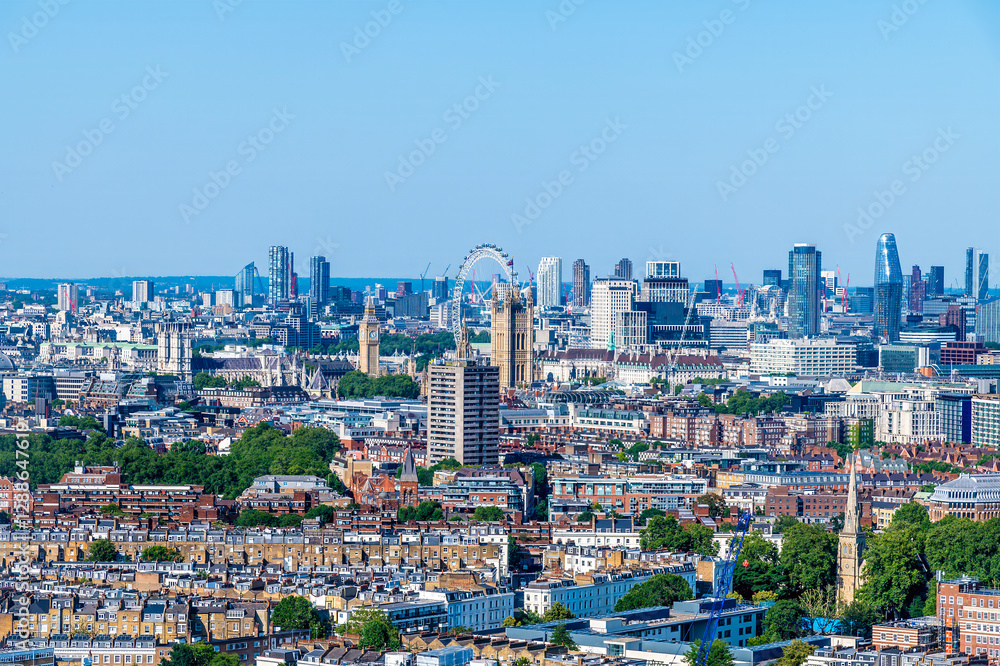 Fototapeta premium An aerial view north from Battersea power station roof across the river Thames, London, UK in summertime