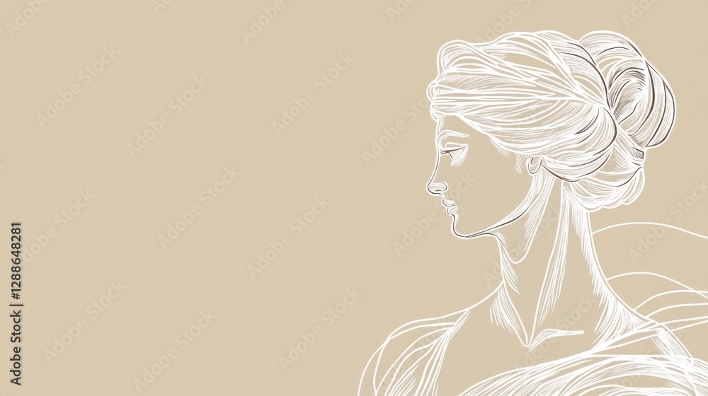 Fototapeta premium Elegant female silhouette profile sketch on beige background