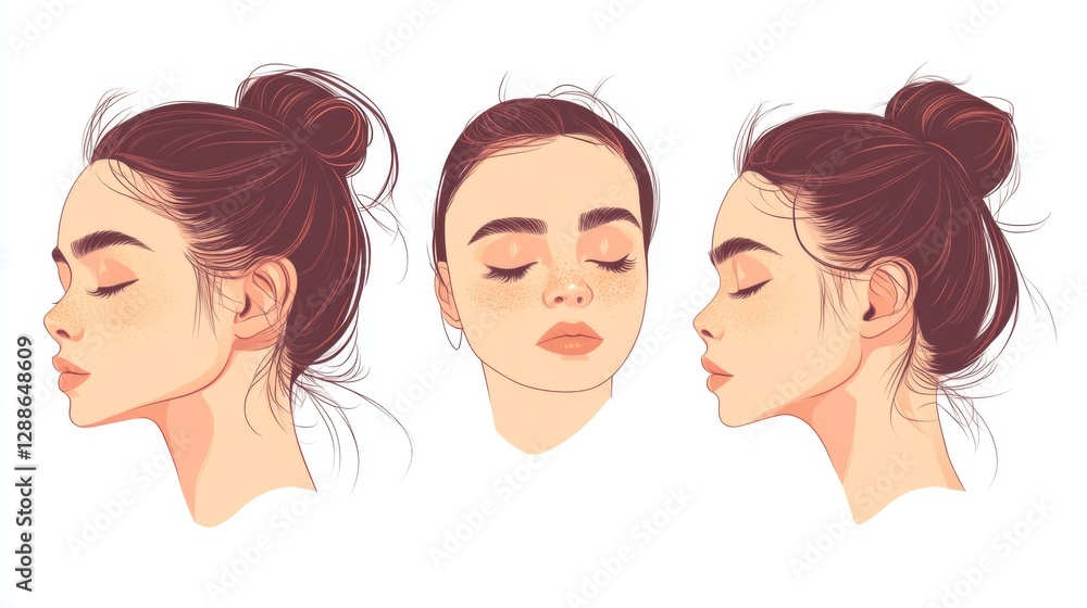 Young female character design with freckled face and bun hairstyle in profile and front views Young female character design with freckled face and bun hairstyle in profile and front views