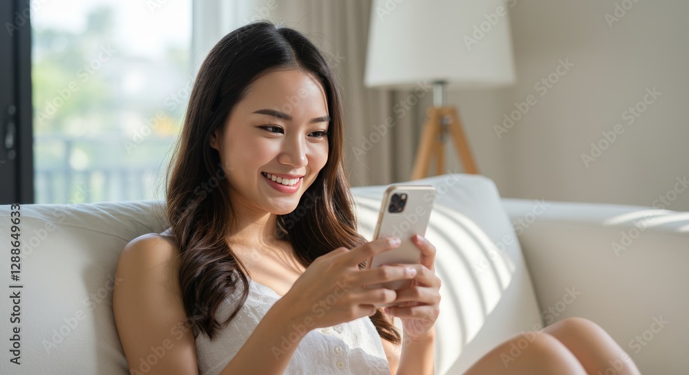 Happy Woman Sitting And Smiling While Using Her Smartphone Happy Woman Sitting And Smiling While Using Her Smartphone