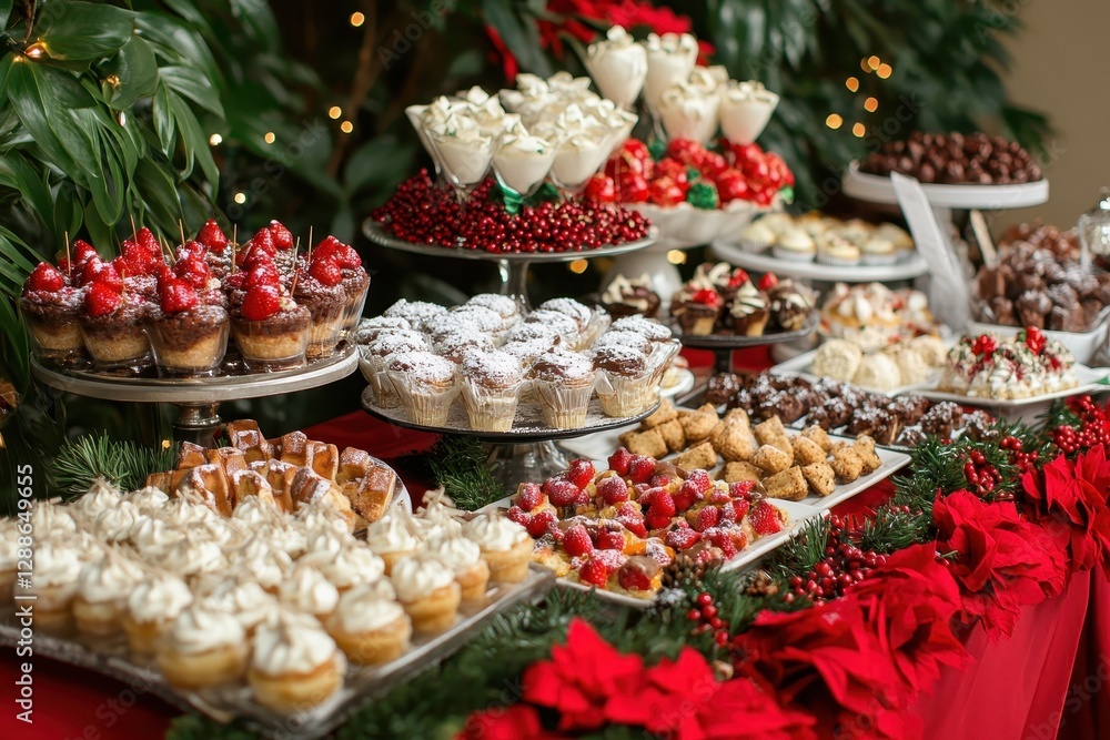 Lavish Christmas dessert buffet with various sweets. Perfect for holiday celebrations, blogs, or articles about festive food. Lavish Christmas dessert buffet with various sweets. Perfect for holiday celebrations, blogs, or articles about festive food.