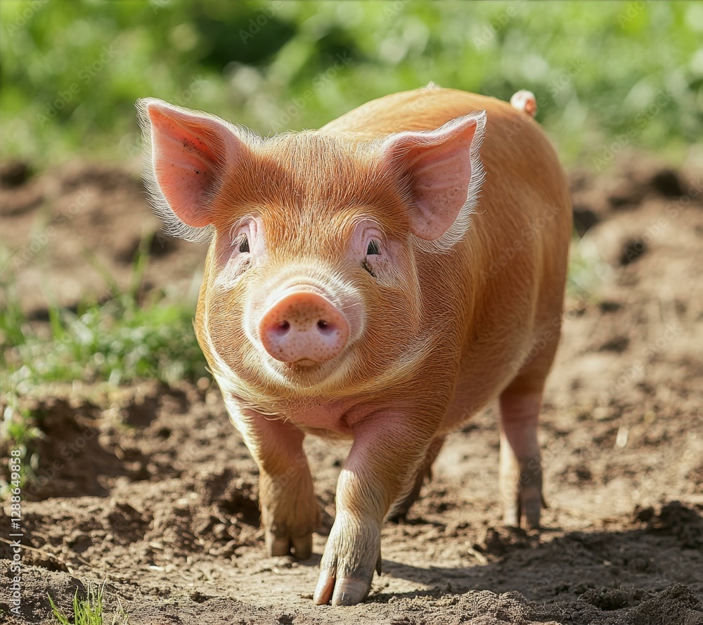 Piglet Ambling across the Dirt Patch Portrait close up with Sunlit Fur and Curious Expression Outdoors Piglet Ambling across the Dirt Patch Portrait close up with Sunlit Fur and Curious Expression Outdoors