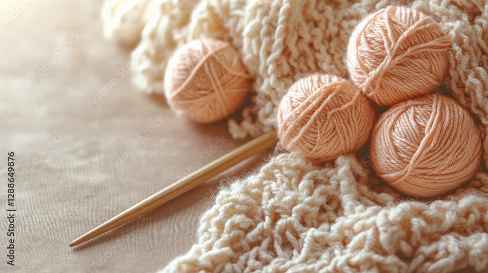 Fototapeta premium Soft Peach Yarn Balls and Knitting Needles on Cozy Knitted Blanket