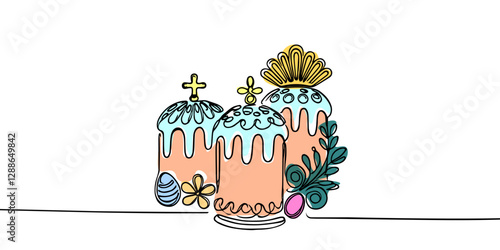 Continuous one simple single abstract line drawing of easter cakes with traditional decoration in silhouette on a white background. Linear stylized.