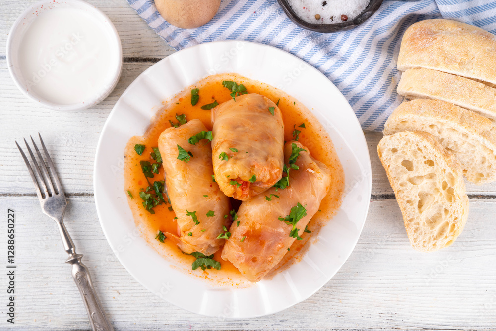 Fototapeta premium Comfort warm winter food, balanced Eastern European dinner recipe ideas, cabbage rolls, stuffed cabbage leaves, golubtsi with meat and vegetable fillings