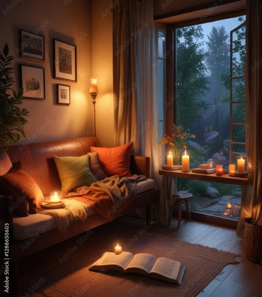 Cozy candlelit reading nook with a good book and soft lighting, reading nook, relaxing ambiance, book Cozy candlelit reading nook with a good book and soft lighting, reading nook, relaxing ambiance, book