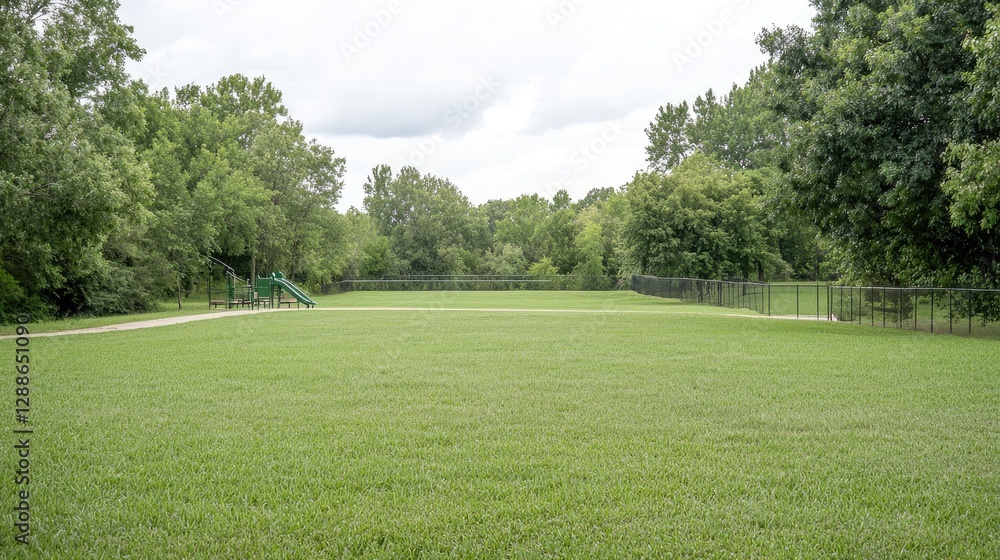 Dogs play in fenced park, green grass, trees Dogs play in fenced park, green grass, trees