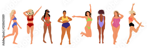 Diverse women in bikini set. Attractive girls with different body types, skin colors walking, jumping, standing, having fun on the beach. Vector realistic illustrations isolated