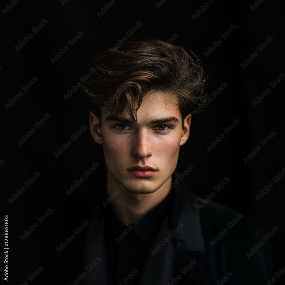 Striking Portrait of a Young Man with Intense Gaze and Classic Hairstyle on a Darkened Background Striking Portrait of a Young Man with Intense Gaze and Classic Hairstyle on a Darkened Background