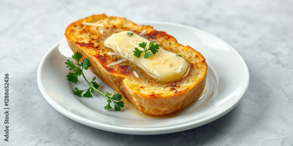 Crispy garlic bread on a white plate with melted butter and parsley, , white plate Crispy garlic bread on a white plate with melted butter and parsley, , white plate
