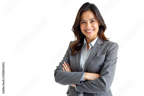 Confident businesswoman smiling in suit, arms crossed. Professional headshot, studio lighting, natural skin tones. Corporate, leadership, HR. Isolated on transparent background.