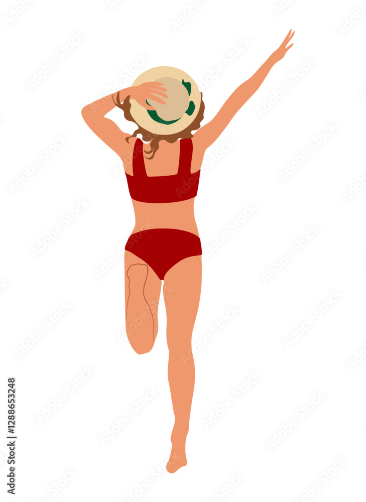 Happy woman jumping in bikini back view. Pretty girl wearing swimsuit and summer hat having fun on the beach. Vector realistic illustrations isolated Happy woman jumping in bikini back view. Pretty girl wearing swimsuit and summer hat having fun on the beach. Vector realistic illustrations isolated
