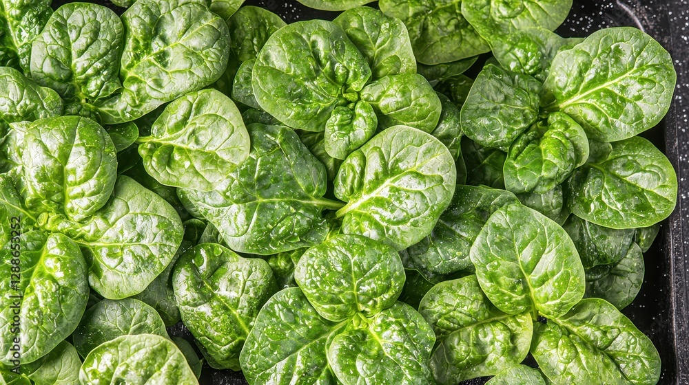 Obraz premium A close-up reveals the vibrant green hue and delicate texture of fresh spinach leaves, their glossy surface glistening like miniature jewels, ready to elevate any dish into a masterpiece of 