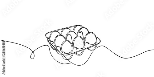 Eggs in a pack. Continuous line drawing of Chicken farm fresh eggs, modern minimalist style. Vector illustration for poster, label and menu shop.