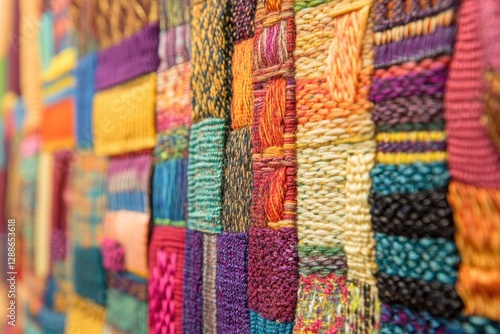 Vibrant textile artwork with diverse woven patches. Illustrates handmade crafts, texture, and color palettes for design inspiration.