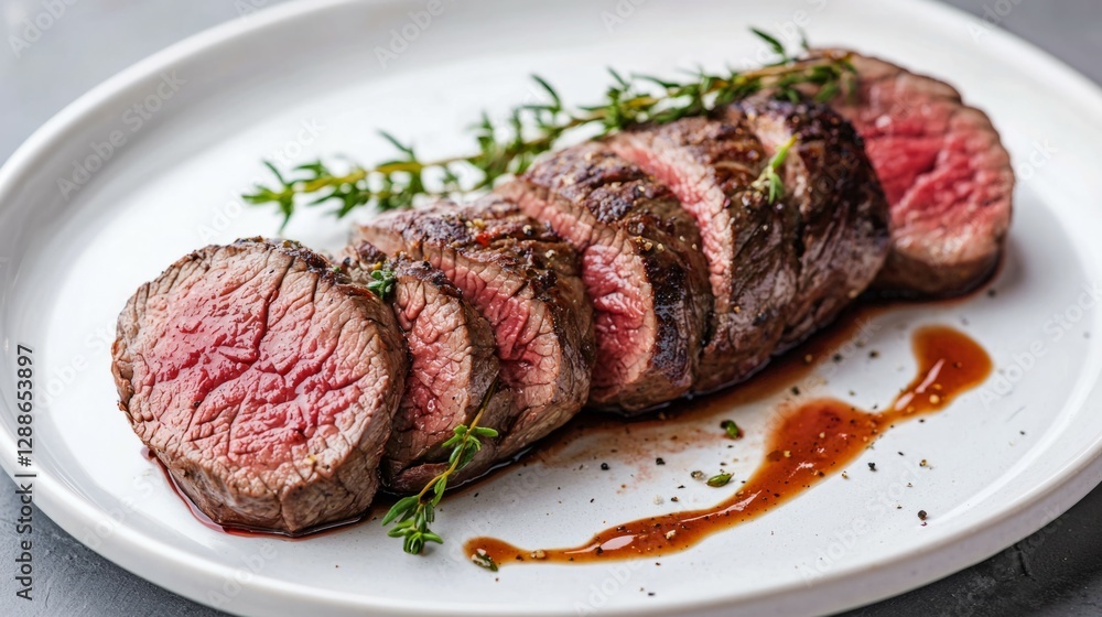 Sliced Beef Tenderloin on Plate with Thyme and Sauce Drizzle Sliced Beef Tenderloin on Plate with Thyme and Sauce Drizzle