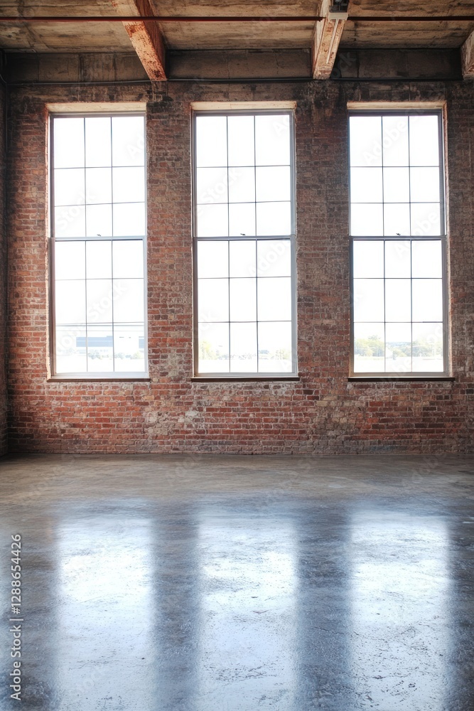 Fototapeta premium Bright industrial space with large windows and brick