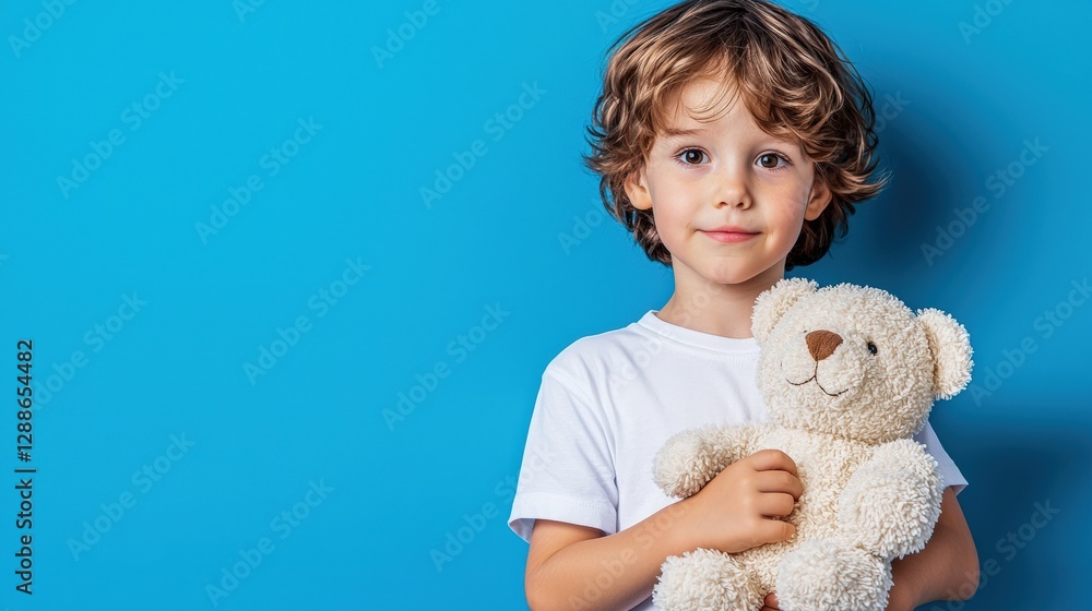 Child with teddy bear against a blue background. Child with teddy bear against a blue background.