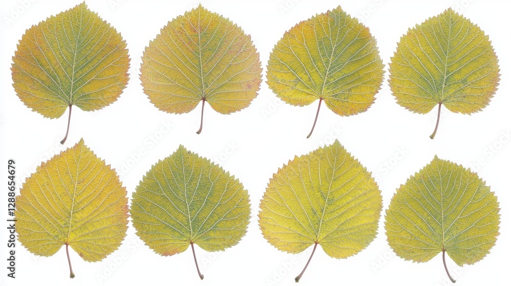 Obraz premium A collection of green leaves, isolated on a pristine white background, offering a transparent backdrop for design and artistic expression. 