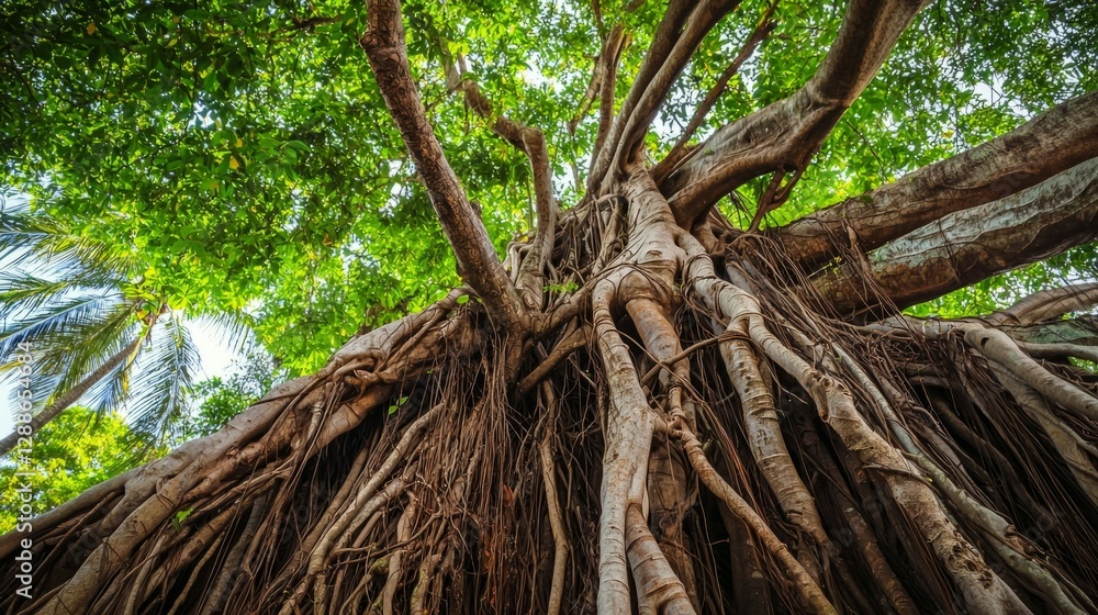 Majestic Banyan Tree with Exposed Roots in Lush Green Environment Majestic Banyan Tree with Exposed Roots in Lush Green Environment