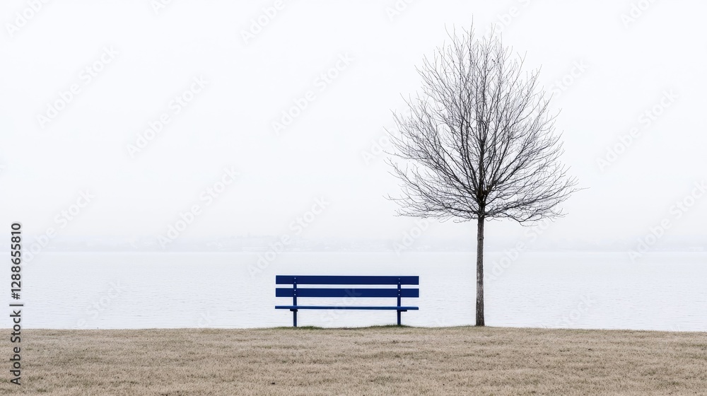 Empty park bench by a lake in a foggy morning Empty park bench by a lake in a foggy morning