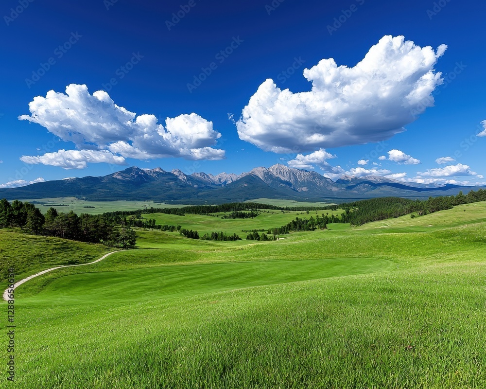 Fototapeta premium Vast green fields under a clear blue sky with majestic mountains in the distance.