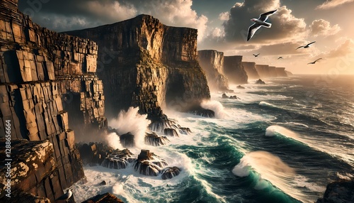 A dramatic coastal cliffside wallpaper with waves crashing against rugged rocks, seagulls soaring overhead, and a misty ocean background, capturing a breathtaking seascape