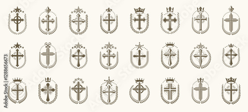 Vintage Christian crosses vector logos or emblems, heraldic design elements big set, classic style heraldry religion symbols, antique designs.