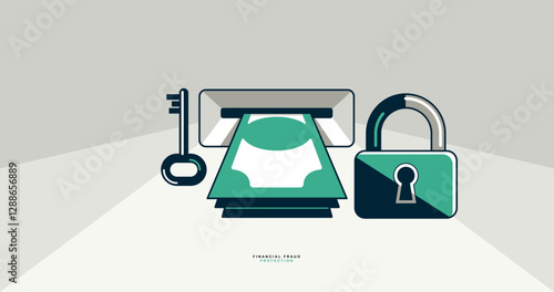 Financial fraud protection concept poster, money stack withdrawal from ATM secured by lock vector icon style illustration, safe banking, padlock protected credit card.