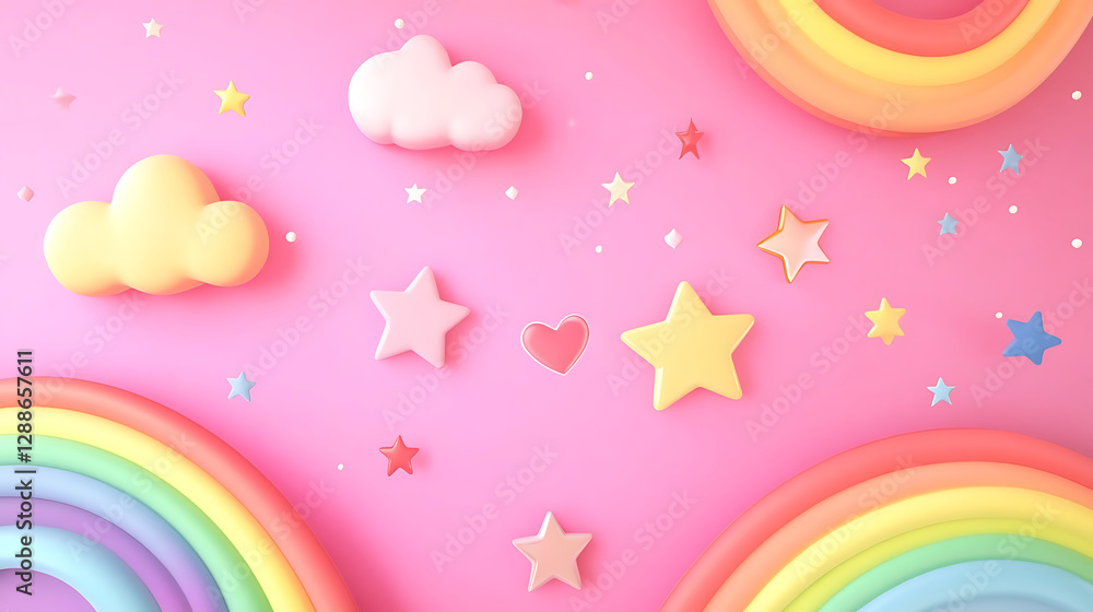 Playful Rainbows Clouds and Stars with Pastel Colors on Pink Background Playful Rainbows Clouds and Stars with Pastel Colors on Pink Background