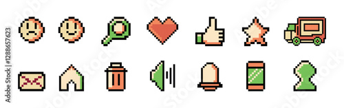 Colored 8-bit outline pixel art icons for website and mobile user interfaces. Vector icon set in a minimalist style.