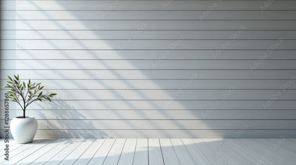 Fototapeta premium Minimalist interior design showcasing a sunlit room with a plant in a pot
