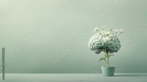Human brain growing from sprout, planting an idea to mind, mental health strength, personal growth and development, creative positive thinking