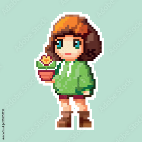 8-bit pixel art of a female character. Pixel girl holding a flower. Anime-style  girl in vector illustration, perfect for game assets or cross-stitch patterns.