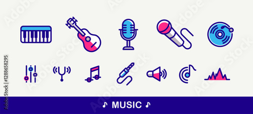 Music and sound producing vector detailed icons set, recording studio mix audio, audio engineering bundle.