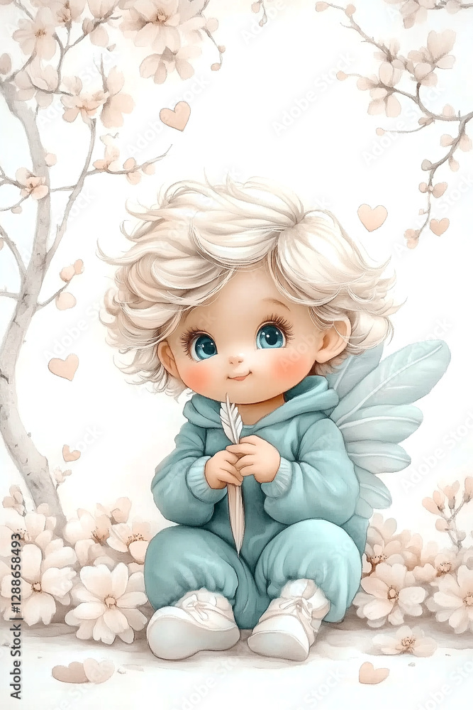 A little angel is sitting on the ground holding a flower. The angel is wearing a blue outfit and has a blue hoodie on. The scene is peaceful and serene, with the angel surrounded by flowers A little angel is sitting on the ground holding a flower. The angel is wearing a blue outfit and has a blue hoodie on. The scene is peaceful and serene, with the angel surrounded by flowers