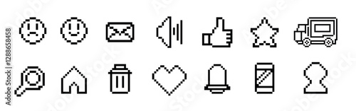 Black and white 8-bit outline pixel art icons for website and mobile user interfaces. Vector icon set in a minimalist style.