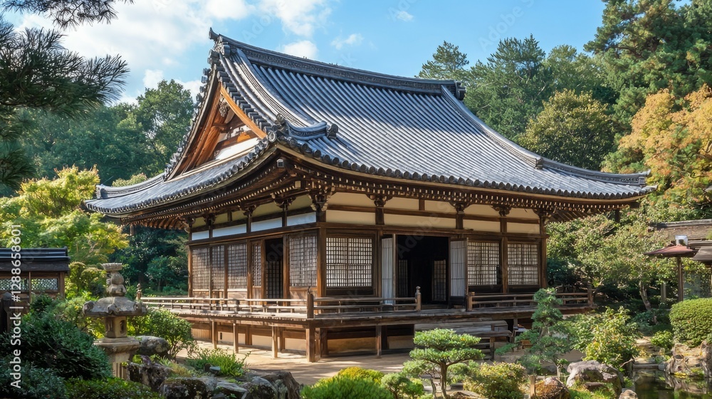 Traditional Japanese Architecture in Tranquil Garden Setting Traditional Japanese Architecture in Tranquil Garden Setting