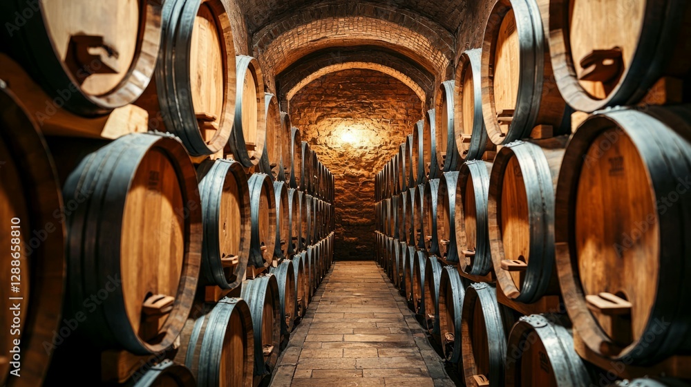 Rustic Wine Cellar with Wooden Barrels in a Historic Setting Rustic Wine Cellar with Wooden Barrels in a Historic Setting