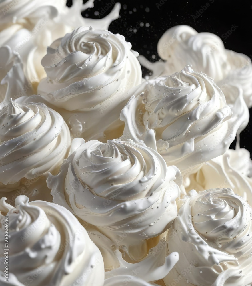 Delicate white whipped cream swirls in mid-air, fluffy, whipped Delicate white whipped cream swirls in mid-air, fluffy, whipped