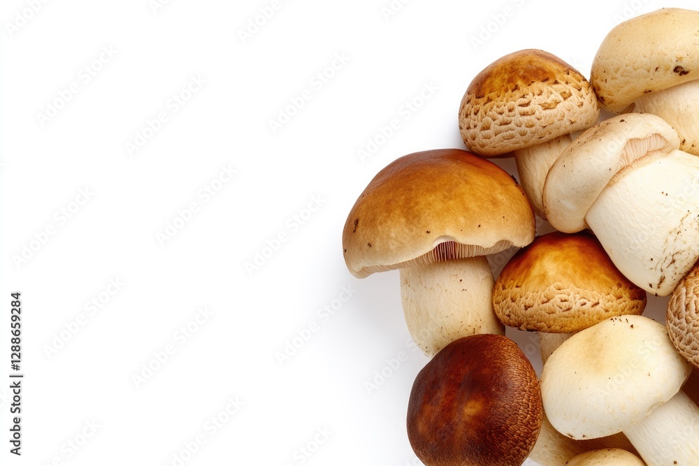 Fresh mushrooms arranged artistically on white background, showc Fresh mushrooms arranged artistically on white background, showc