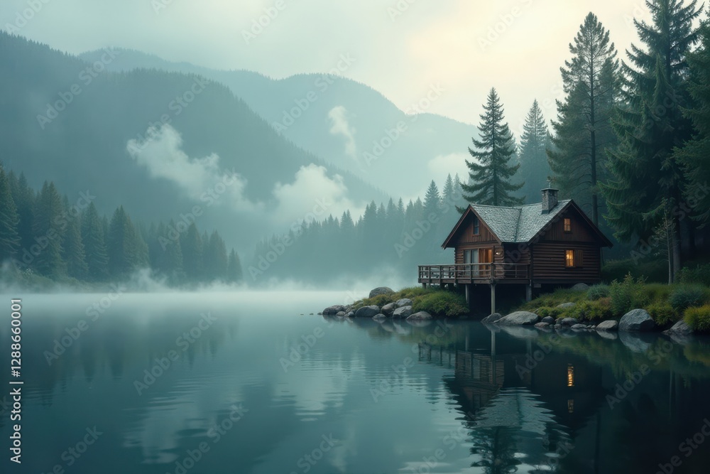 Fototapeta premium Serene Lakeside Cabin Retreat Nestled Amongst Misty Mountain Pines and Reflective Waters