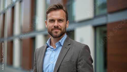 Portrait of smiling British man in business suit. Successful businessman looks professional. Young male executive manager in corporate attire. Positive employee, confident entrepreneur posing