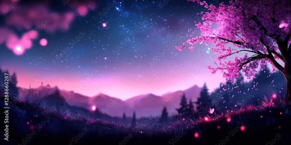 Naklejka premium Sunset glow over cherry blossom trees in a serene mountain landscape