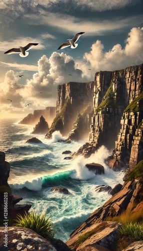 A stunning background of a coastal cliffside with powerful waves crashing against jagged rocks, seagulls flying above, and a moody sky, perfect for landscape wallpaper