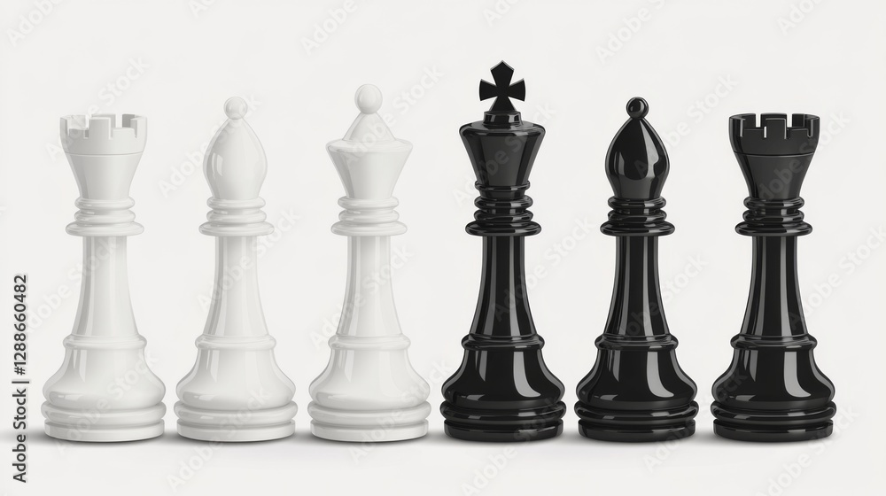 Chess pieces on a white background featuring black and white king, queen, and bishop set Chess pieces on a white background featuring black and white king, queen, and bishop set