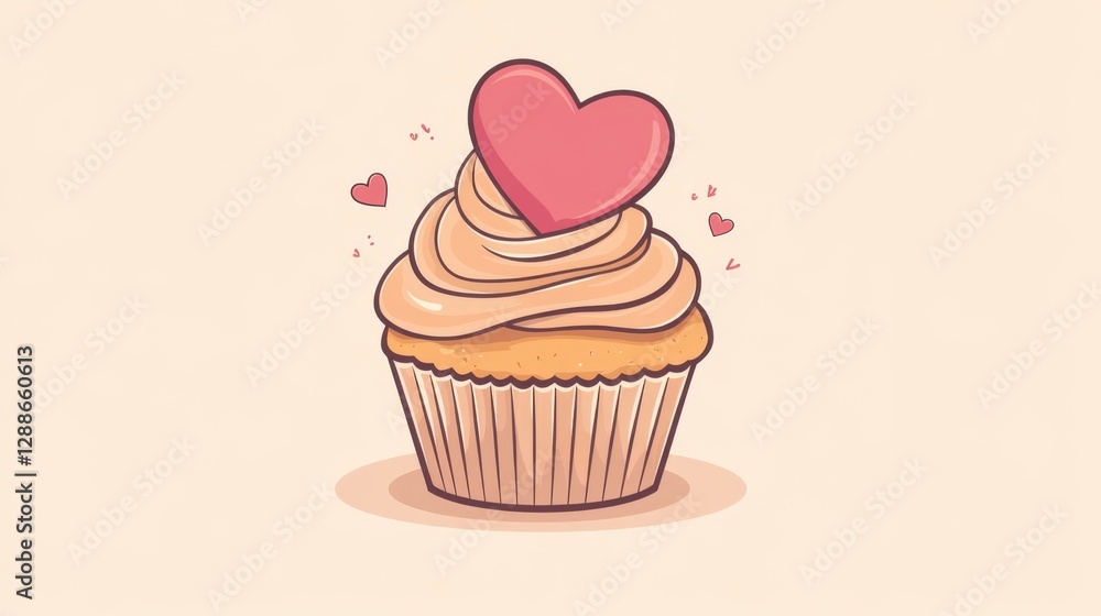 Cute cupcake with heart decoration and swirling frosting on pastel background Cute cupcake with heart decoration and swirling frosting on pastel background