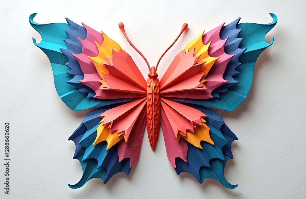 Fototapeta premium Illustration of beautiful origami butterfly. Colorful paper craft insect with wings, spring symbol, nature decoration for card design, graphic art. Creative three-dimensional object element on white
